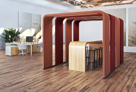 Acoustically-Enhanced Arcs of Silen Bridges at M2 Office Interiors Limerick, Ireland, improving sound focus in open spaces.
